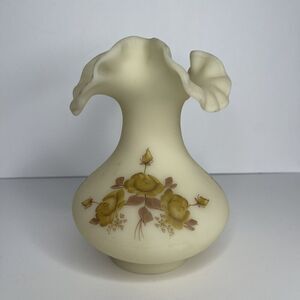 Fenton Cameo Glass Vase Handpainted Crimped‎ Ruffled Signed Paula Y. Palmer